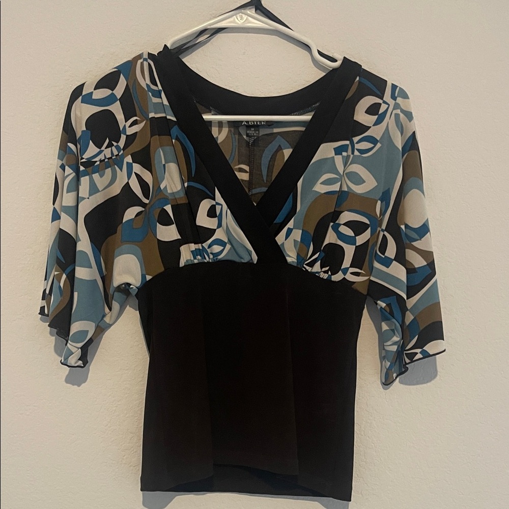 A. Byer Black and Blue Abstract Blouse